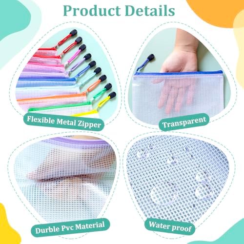 24pcs Mesh Bags with Zipper, A4 Zippered Pouch, 8 Colors Mesh Bags, Plastic Bag
