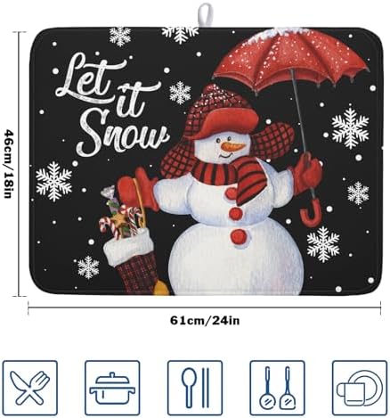 Black Snowman Dish Drying Mats for Kitchen Counter, Winter Snowflake Dish Mat