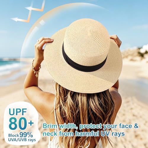 DRESHOW Women Straw Panama Hat Travel Fedora Beach Sun Hat Summer Wide Brim