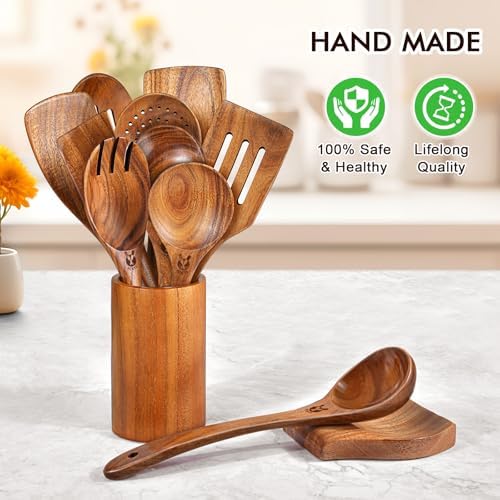 12Pcs Soft Grip Teak Wooden Utensil Set, Durable Spoons