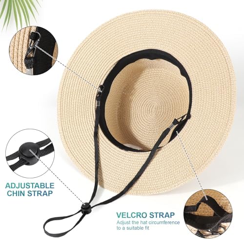 DRESHOW Women Straw Panama Hat Travel Fedora Beach Sun Hat Summer Wide Brim
