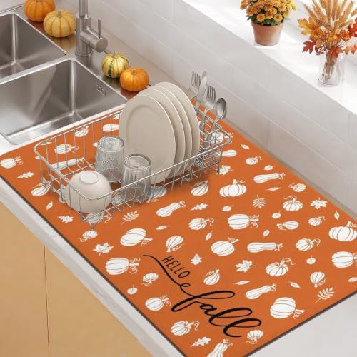 Fall Dish Drying Mat Autumn Decor Kitchen Countertop, Super Absorbent Coffee