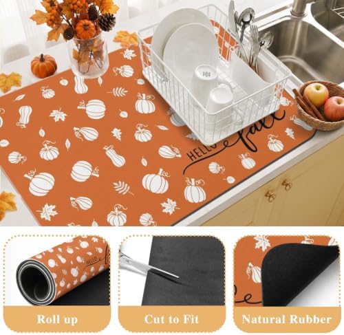 Fall Dish Drying Mat Autumn Decor Kitchen Countertop, Super Absorbent Coffee