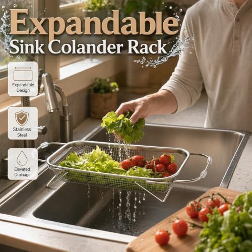 Stainless Steel Over-The-Sink Colander Strainer Basket, Expandable Sink Colander
