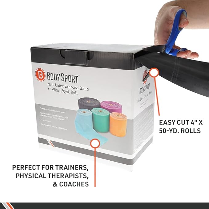 Body Sport Exercise Band, 50 yd. x 4 in. Roll, Extra Heavy Resistance - Home & Gym Fitness Equipment for Stretching, Strength Training & Physical Therapy (Purple)