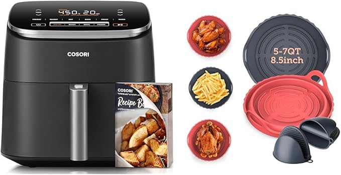 Bundle of COSORI Air Fryer 6 Qt TurboBlaze, Gray + COSORI 2Pack Foldable Air Fryer Silicone Liners with Gloves, for 5-7 Qt, 8.5 Inch Reusable Foldable Basket