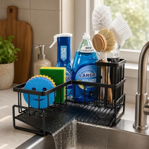 Sink Caddy with Drain, L-Shaped Sponge Holder