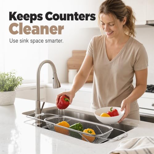 Stainless Steel Over-The-Sink Colander Strainer Basket, Expandable Sink Colander