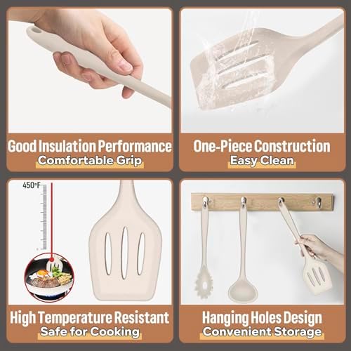 E-far Silicone Cooking Utensils Set, 7-Piece Khaki Heat Resistant Kitchen