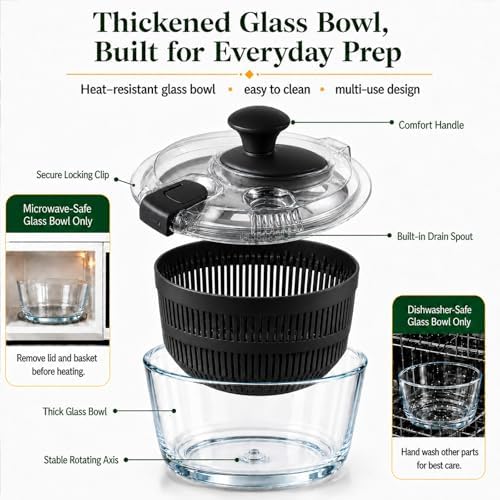 Glass Salad Spinner 3.2 Qt, Small Salad Spinner, Glass Bowl