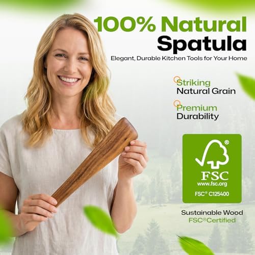 AIUHI 12 Inch Wooden Spatula for Cooking, Non-Stick Safe Teak Spatula Turner