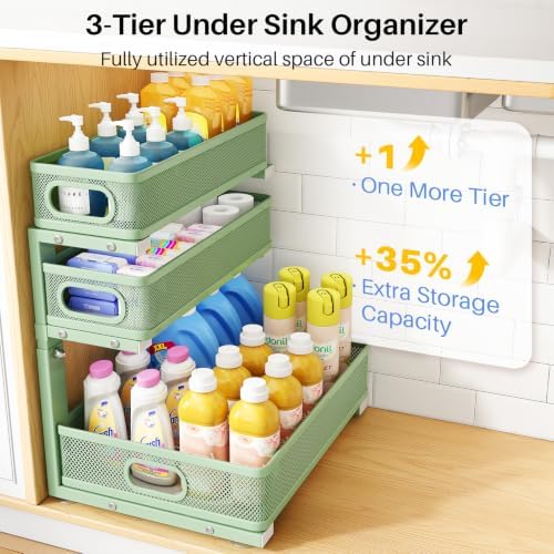 Under Sink Organizer, 3-Tier Thickened Metal Pull out Cabinet Organizer Shelf