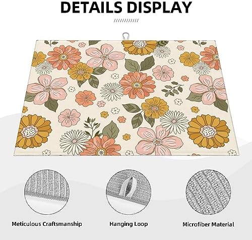 Pink Flowers Dish Drying Mat For Kitchen Counter, Super Absorbent Microfiber