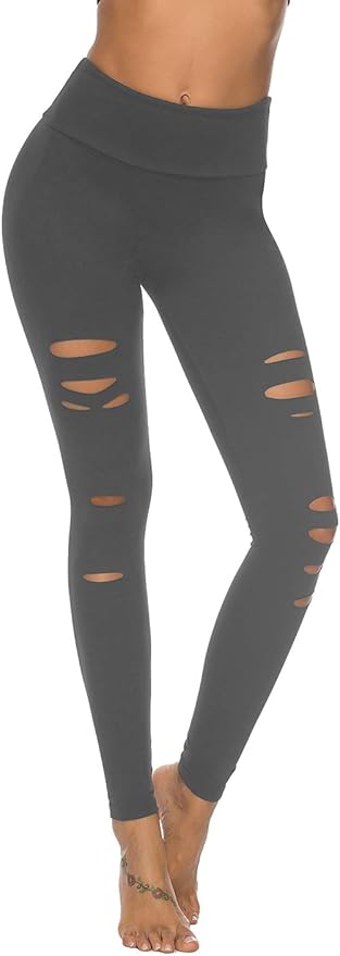 DIBAOLONG Womens High Waist Yoga Pants Cutout Ripped Tummy Control Workout Running Yoga Skinny Leggings