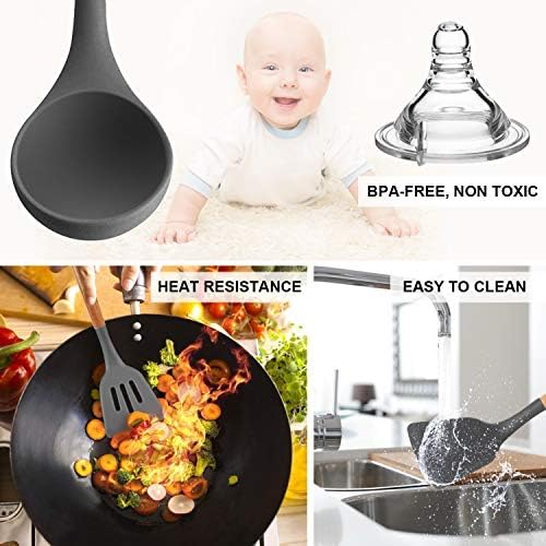 MIBOTE Silicone Cooking Kitchen Utensils Set, Wooden Handle