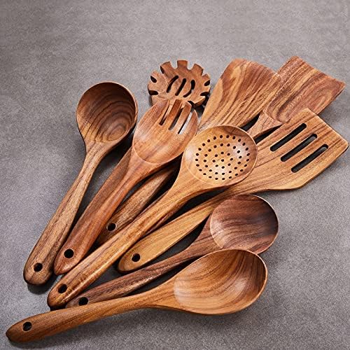 Wooden Kitchen Utensils Set, GUDAMAYE 9 PCE Natural Teak Wooden Spoons