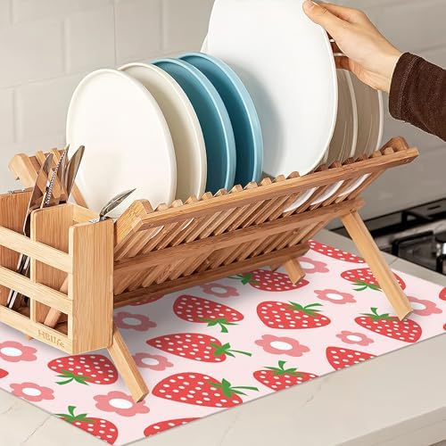Pink Strawberry Dish Drying Rack Mat