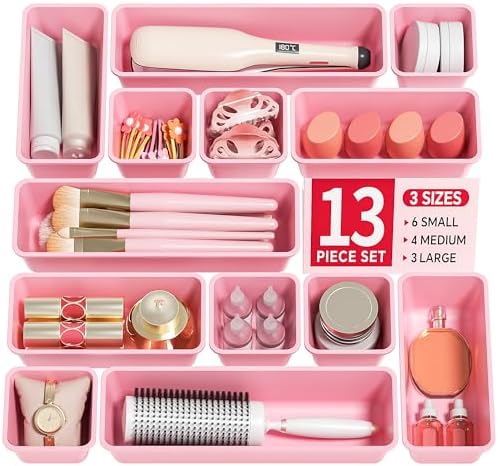 Canfanni 13 Pack Plastic Drawer Organizers Set, 3 Sizes Desk Drawer Organizer