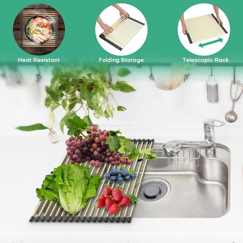 Large Telescopic Draining Rack, Non-Slip Silicone Rolling Dish Drainer Roll