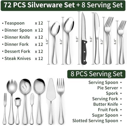 80 Pieces Silverware Set with Serving Utensils Set, CEKEE Stainless Steel