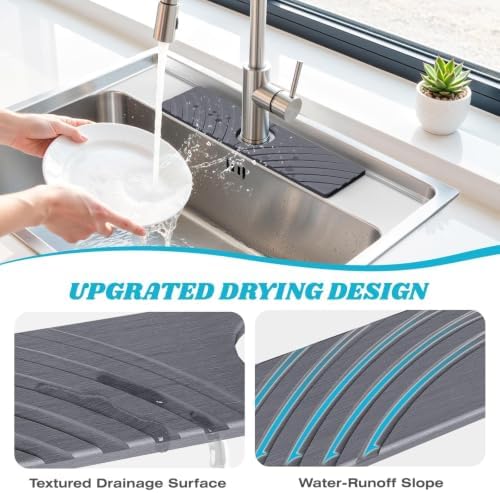 SpaceHacks Stone Faucet Mat for Kitchen Sink 15.7x4 in, Dark Gray