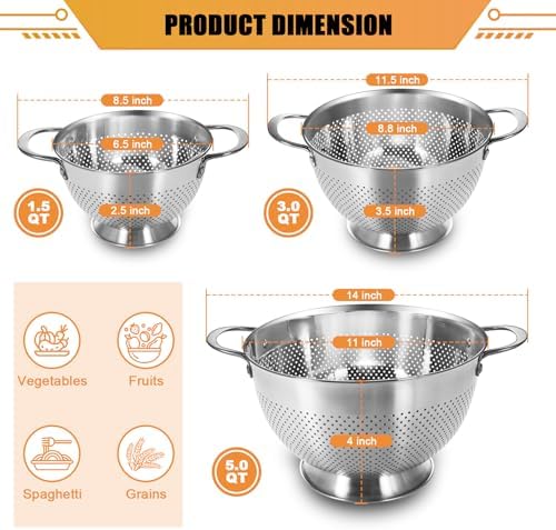 Stainless Steel Colander Set of 3 | Durable Rice and Pasta Strainer