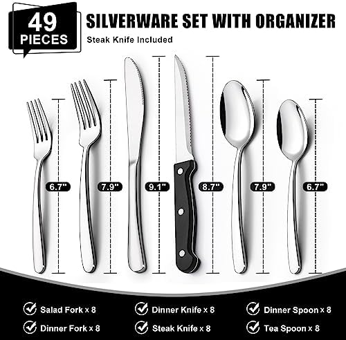 49-Piece Silverware Set with Organizer, Heavy Duty Stainless Steel Flatware Set