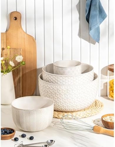 Ceramic Mixing Bowls, Embossed Nesting Bowls Set of 4, Mixing Bowl Set