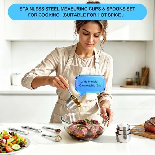 8 PCS Stainless Steel Measuring Cups and Spoons Set, Engraved Metric & US