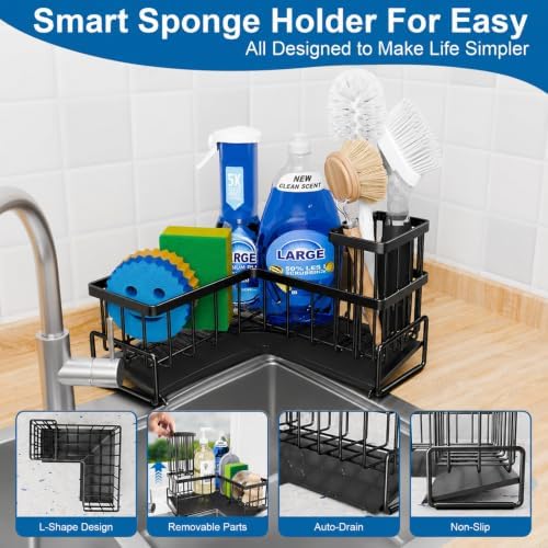 Sink Caddy with Drain, L-Shaped Sponge Holder