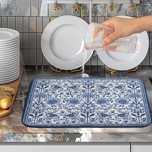 Blue Floral Dish Drying Mat for Kitchen Counter Boho Flowers Dishes Drainer