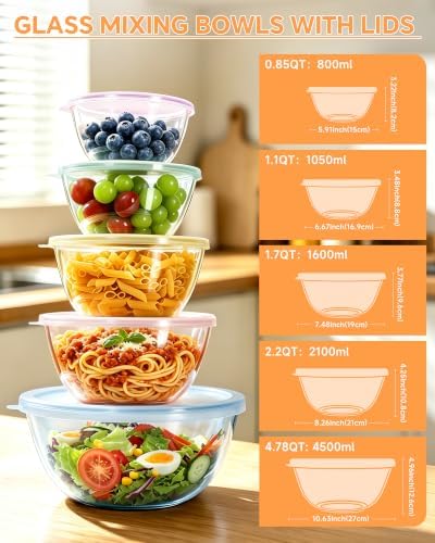 5 Pack Glass Mixing Bowls with Lids Set