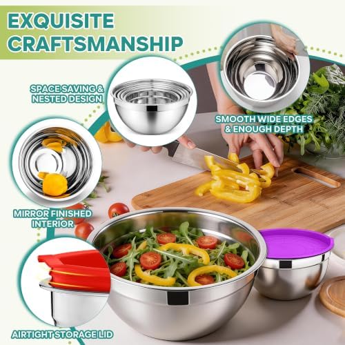 E-far Mixing Bowls with Lids Set, Stainless Steel Salad Bowls