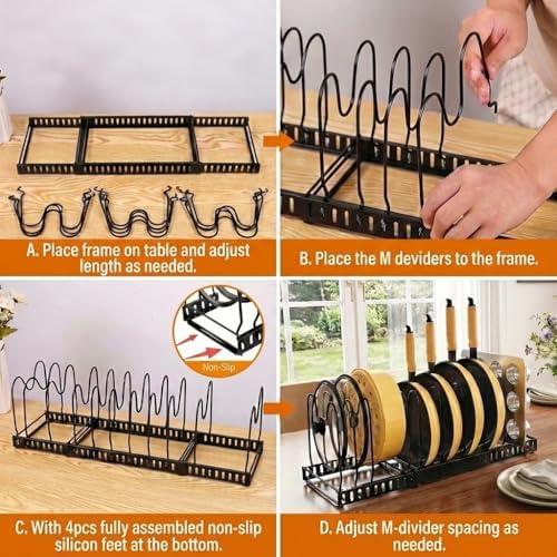 Pot and Pan Organizer Rack for Cabinet, 3 Expandable Pot Lid Organizer Holder