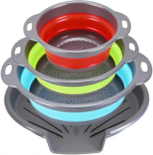 Collapsible Colander Set with Oversized Draining Tray | 3-Pack Foldable Kitchen