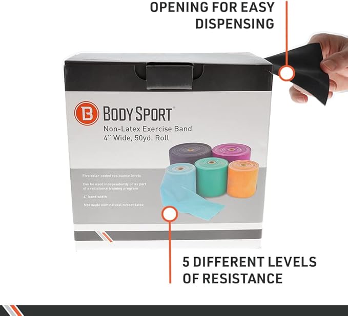 Body Sport Exercise Band, 50 yd. x 4 in. Roll, Medium Resistance - Home & Gym Fitness Equipment for Stretching, Strength Training & Physical Therapy (Orange)