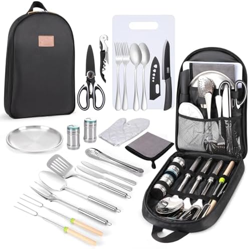 Portable Camping Kitchen Utensil Set-27 Piece Cookware Kit, Stainless Steel