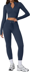 QINSEN Workout Sets for Women 2 Piece Seamless Long Sleeve Crop Tops Ribbed High Waist Leggings