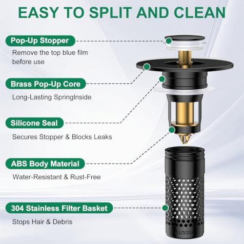 Bathroom Sink Drain Strainer, Universal Pop-Up Sink Stopper Hair Catcher