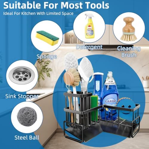 Sink Caddy with Drain, L-Shaped Sponge Holder