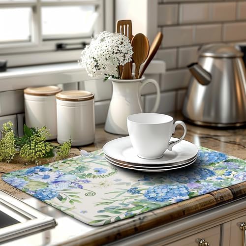 Blue Hydrangea Dish Drying Mat for Kitchen Counter 18 x 24 Inch Spring Floral