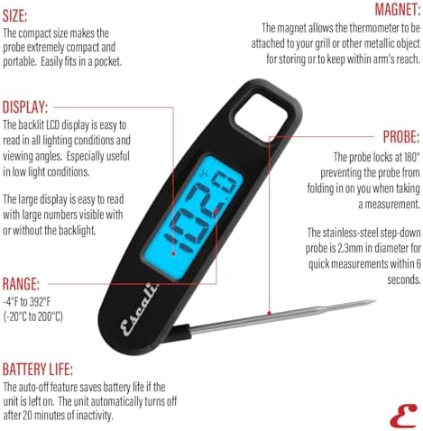 Escali Compact Portable Meat Candy Folding Digital Thermometer, Backlit Display