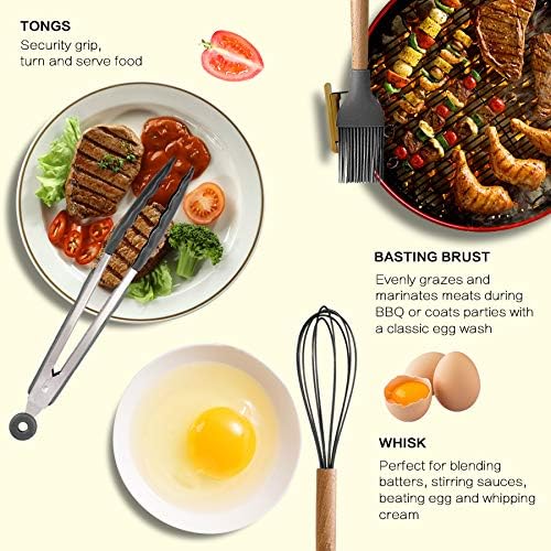 MIBOTE Silicone Cooking Kitchen Utensils Set, Wooden Handle
