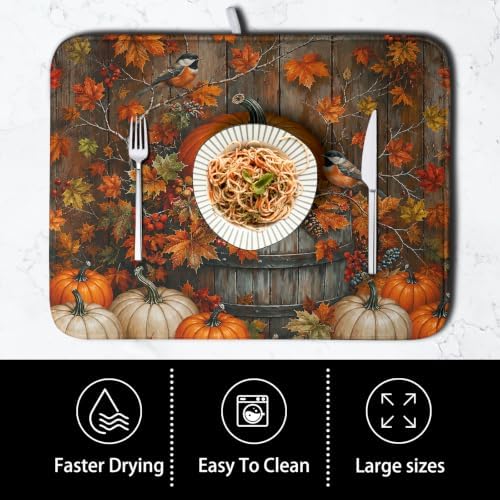 Fall Dish Drying Mat for Kitchen Counter 18x24 Autumn Pumpkin Maple Leaves