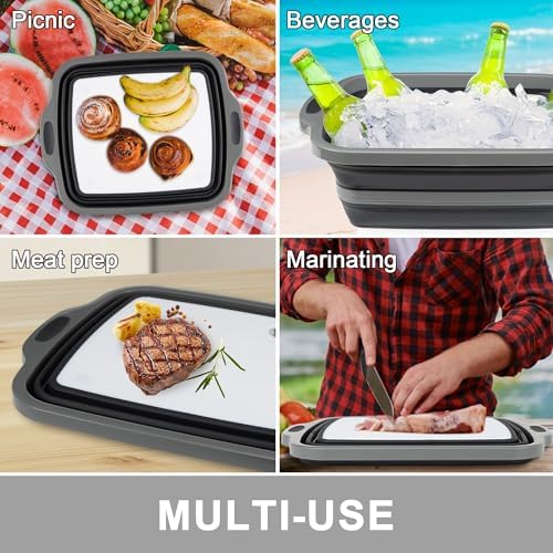 Collapsible Cutting Board with Container, Foldable Camping Sink with Colander