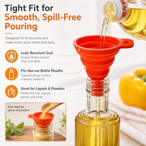 Collapsible Silicone Kitchen Funnels, 4 Pack Food Grade Foldable Funnel Set