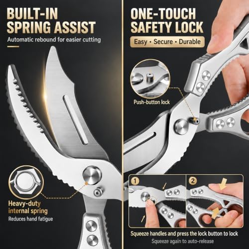 Heavy Duty Poultry Shears, Kitchen Scissors, Spring-Loaded, 10.6 Inch