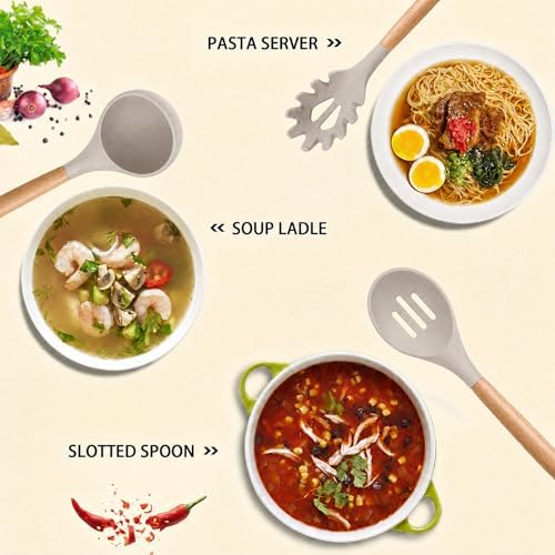 MIBOTE Silicone Cooking Kitchen Utensils Set, Wooden Handle