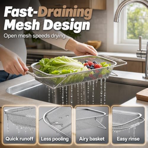 Stainless Steel Over-The-Sink Colander Strainer Basket, Expandable Sink Colander