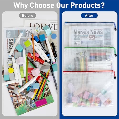 24pcs Mesh Bags with Zipper, A4 Zippered Pouch, 8 Colors Mesh Bags, Plastic Bag